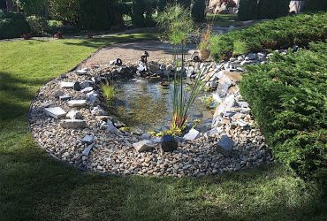 beautiful backyard pond landscaped with rocks and shrubs
